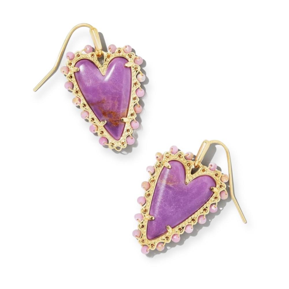 Kendra Scott Beaded Ansley Heart Drop Earrings in Gold Lilac Phosphate NWT - Picture 1 of 9